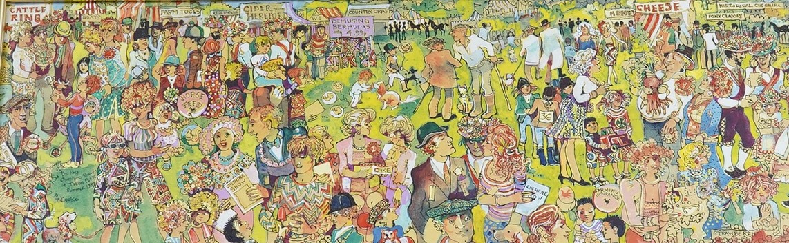 Pat Cooke (1935-2000), ink and watercolour, 'Crowds at the last Cheshire show at Tatton Park, Summer 1989', signed, 19 x 58cm, gilt frame. Condition - good